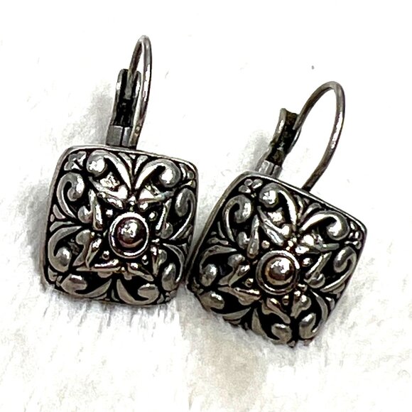 Filigree Square Drop Earrings Silver Tone Scoll Vines - Picture 1 of 5